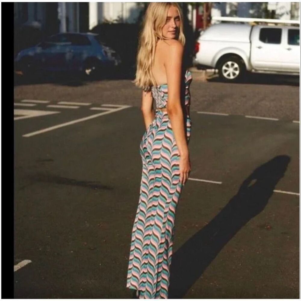 Zara Psychedelic Multicolor Wide Leg Flare Halter Top Two Piece Set Size Small - Picture 3 of 12